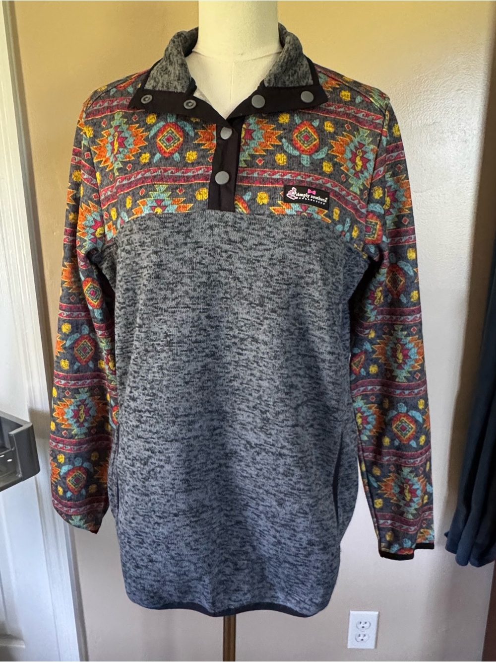 Simply Southern Gray 1/4 Snap Neck Sweater with Multicolor Aztec Print